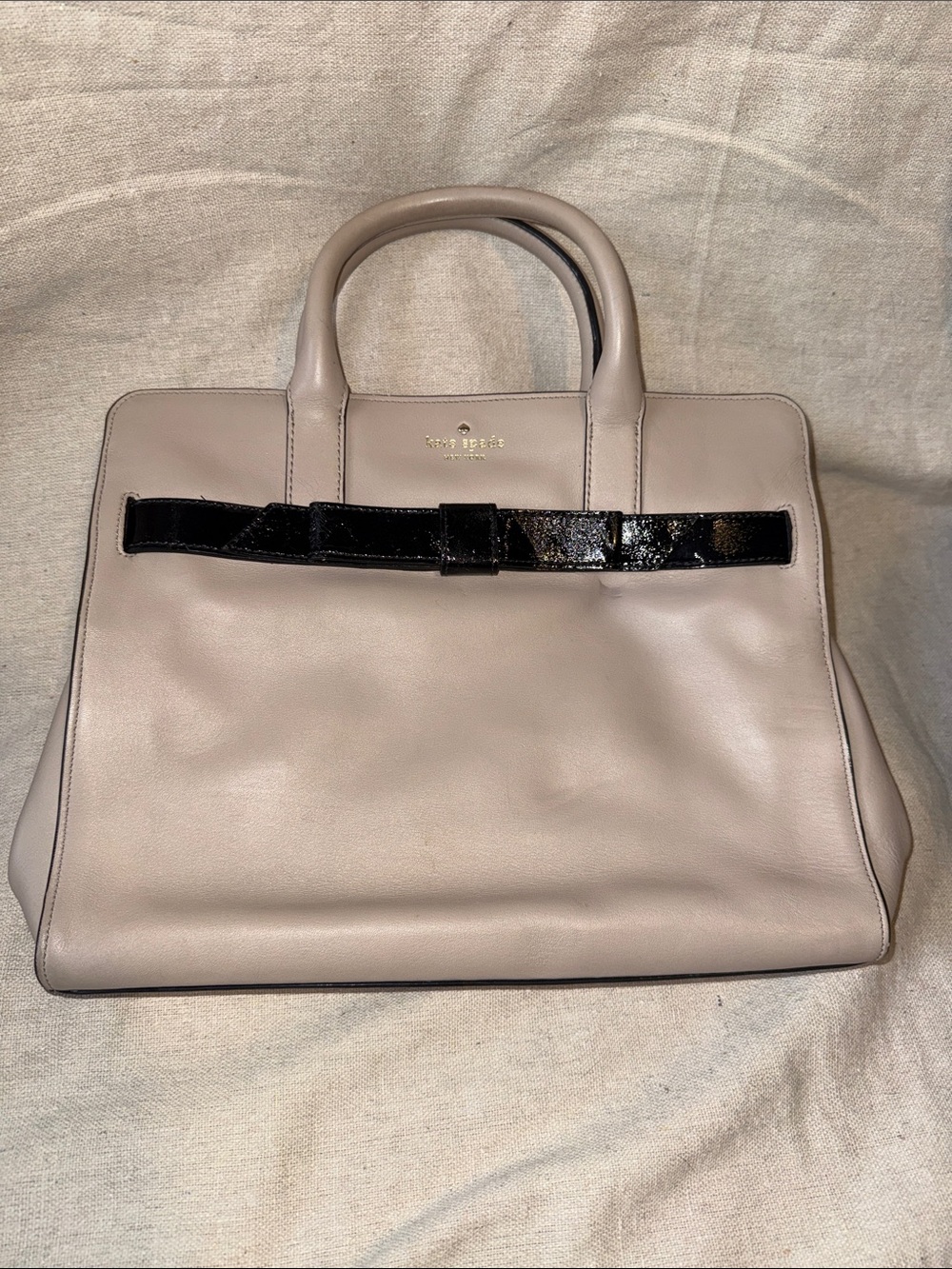 kate spade taupe leather satchel with black patent trim